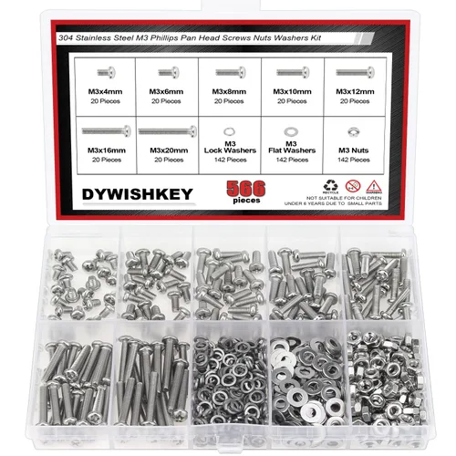Vista 19 de DYWISHKEY - Juego de 566 piezas M2x 4/6/8/10/12/16/20mm tornillos de cabeza de botón, kit de tuercas y arandelas, tornillos M2, acero inoxidable 304