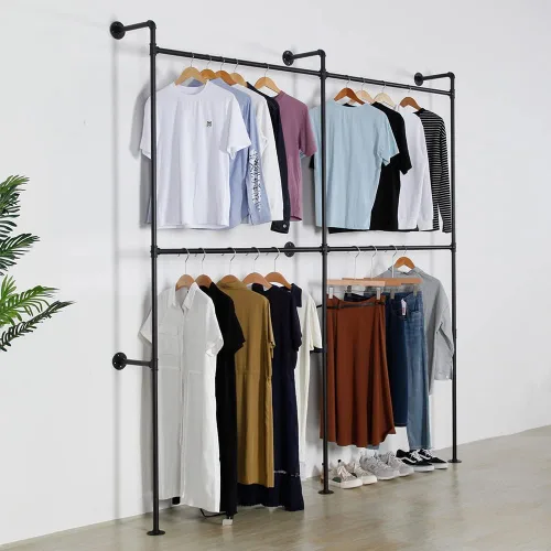 Vista 2 de Perchero industrial para ropa de tubería resistente, doble barra de armario, barras de ropa para colgar ropa, montaje en la pared, sistema