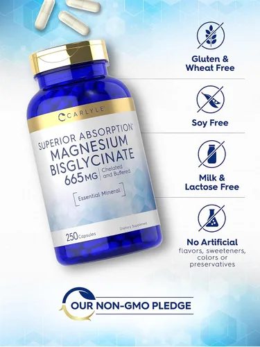 Vista 4 de Carlyle Bisglicinato de magnesio tamponado 665 mg 250 cápsulas Mineral esencial quelado Suplemento sin OMG y sin gluten