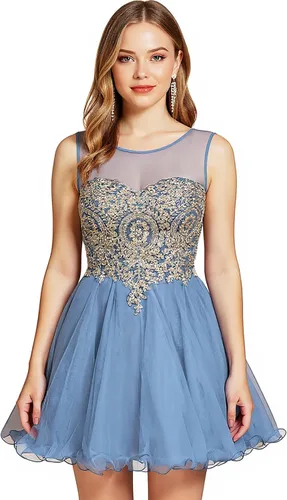 Vista 4 de MisShow Vestidos de tul para adolescentes, apliques de encaje dorado, vestido corto de graduación, sin mangas, vestidos de fiesta de cóctel
