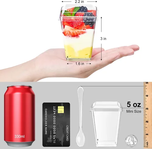 Vista 2 de TOFLEN Paquete de 100 Tazas de Postre de Plástico de 5 oz con Tapas para Fiestas, Mini Tazas de Postre con Cucharas Tazas Shooter de Postre