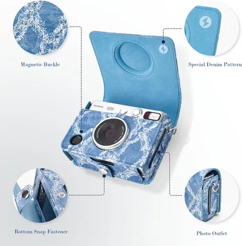 Vista 4 de Rieibi Mini EVO - Funda protectora de piel sintética vintage para cámara instantánea Fujifilm Instax Mini EVO, funda extraíble con correa ajustable