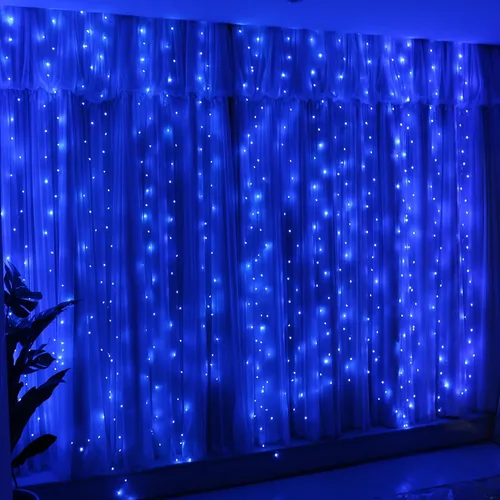Vista 16 de HXWEIYE - Tira de 300 luces LED, cortina de guirnaldas navideñas con enchufe USB, 8 modos, control remoto para decoración de pared, fondo de Rojo