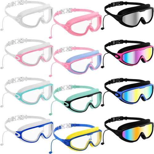 Vista 8 de Sabary Paquete de 12 gafas de natación a granel para adultos, visión amplia, sin fugas, antiniebla, gafas de natación con tapones para los oídos