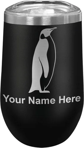 Vista 10 de LaserGram Vaso de vino de acero inoxidable de doble pared, pingüino, grabado personalizado incluido (negro)