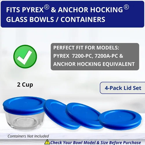 Vista 4 de KlareWare Tapas de repuesto para 2 tazas, tapas de plástico sin BPA para Pyrex 7200, Anchor Hocking (paquete de 4, azul) - Contenedores no incluidos