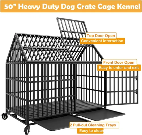 Vista 2 de Jaula para perros resistente de 50 pulgadas con 4 ruedas, doble puerta indestructible, a prueba de escapes, jaula grande XXL para interiores con 2