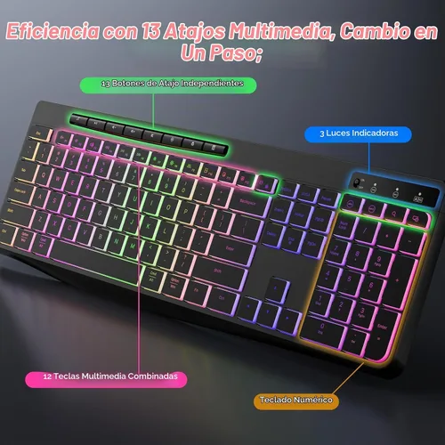 Vista 6 de Combo de teclado y mouse inalámbricos con retroiluminación, teclado ergonómico de tamaño completo 2.4G con letras iluminadas, mouse RGB recargable
