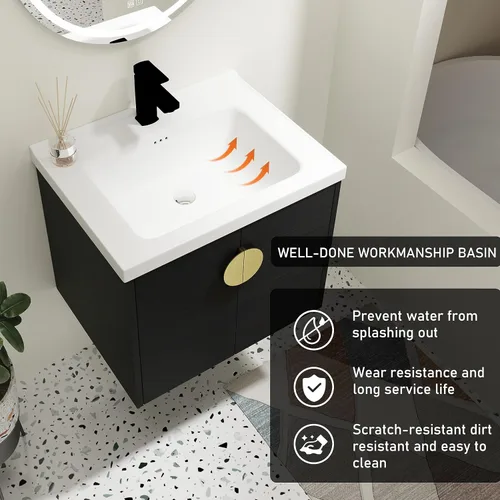 Vista 6 de Tocador de baño de 24 pulgadas con lavabo, juego de tocador flotante Mordern con mango de metal dorado y parte superior de fregadero de cerámica