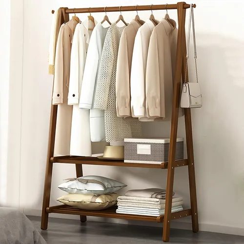 Vista 8 de Perchero de bambú portátil plegable con estantes de almacenamiento y riel de ropa colgante para entrada, dormitorio, espacios pequeños