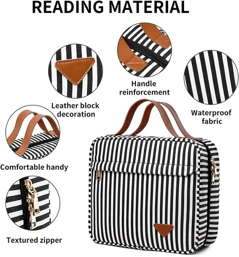 Vista 4 de Lmbabter Bolsa de maquillaje colgante de viaje, bolsa de aseo impermeable, gran almacenamiento para viajes, baño, mujeres y hombres, Negro-blanco