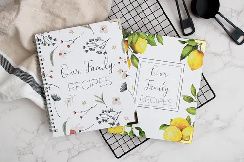 Vista 2 de Libros de recetas para escribir en tus propias recetas, paquete de 2 (limón y floral), diarios de recetas familiares para crear tus propios libros