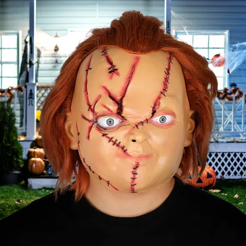 Vista 4 de Máscara Chucky espeluznante de látex de cabeza completa con pelo realista máscara de cosplay máscara de Halloween mata para adultos y niños
