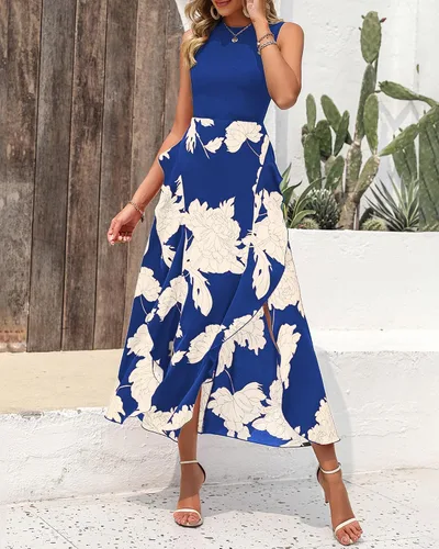 Vista 2 de BTFBM Vestidos casuales de verano sin mangas para mujer, para primavera, cuello redondo, retazos, bohemio, floral, con volantes, vestido midi