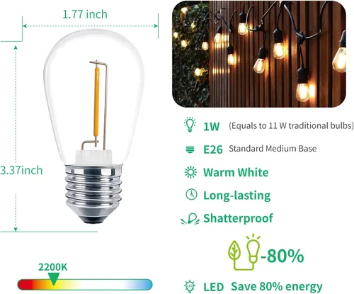 Vista 3 de Meconard Bombillas LED S14 inastillables de repuesto, base de rosca mediana E26, bombillas Edison vintage equivalentes a 11 vatios, se adapta a