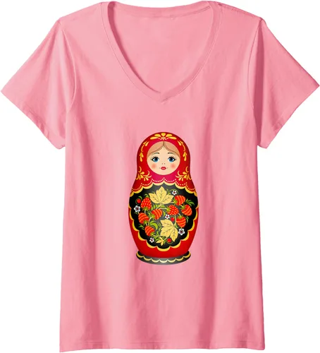 Vista 11 de Hermosa camiseta de Matryoshka Russian Strawberry Nesting Doll con cuello en V para mujer, Negro, S