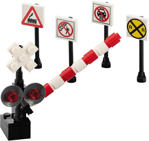 Vista 2 de Edificio Ladrillos Juguetes Tren Ferrocarril Cruzar Señal Cruzando Puerta 4 Señales Ciudad Ciudad Miniatura Ferrocarril Modelado Niños AFOL