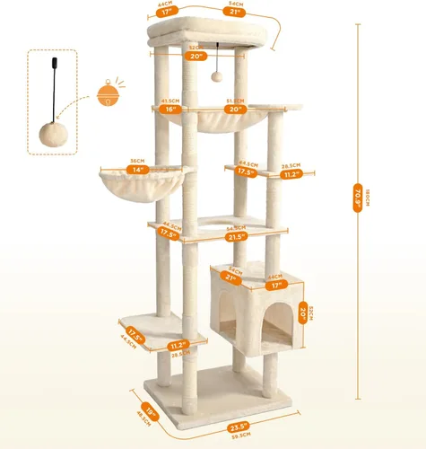 Vista 4 de Made4Pets - Árbol alto para gatos, torre de árbol de gato de 71 pulgadas para gatos de interior grande y adulto, torre de felpa de varios niveles