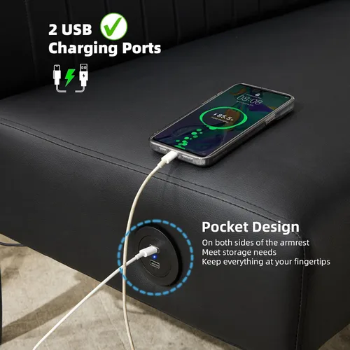 Vista 3 de STHOUYN Mini sofá pequeño de cuero negro de 43 pulgadas de ancho, sofá biplaza sin brazos para dormitorio con puerto USB, sofás pequeños