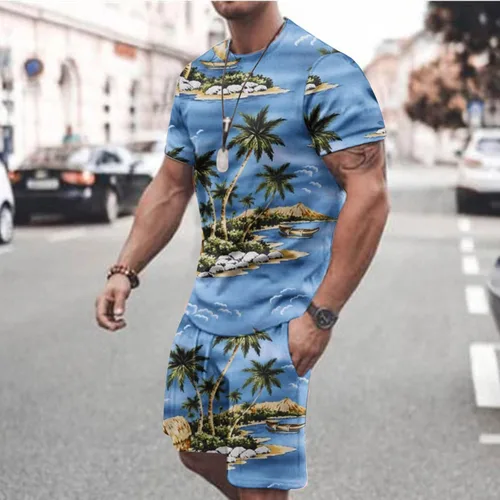 Vista 2 de Conjunto deportivo para hombre, conjunto de 2 piezas, camiseta hawaiana de manga corta y pantalones cortos, traje deportivo casual para la playa