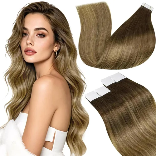Vista 34 de LaaVoo Extensiones adhesivas de cabello humano real, color negro azabache, extensiones de cabello humano liso y sedoso, 10 pulgadas, 20