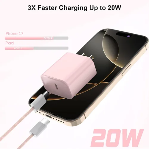 Vista 3 de Cargador de carga rápida para iPhone 18 17 16 Pro Max de 10 pies Rosa