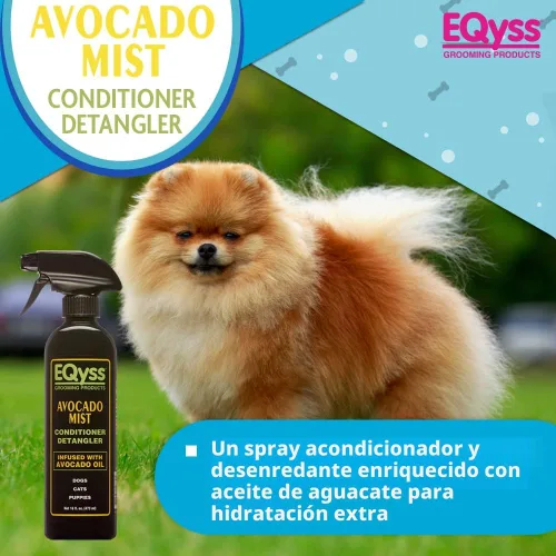 Vista 2 de EQyss Acondicionador en aerosol para mascotas con bruma de aguacate – Brilla, acondiciona y reduce el desprendimiento, espray sin peso sin enjuague