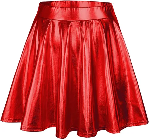 Vista 2 de Century Star Falda metálica para mujer, para Halloween, color plateado, brillante, acampanada, cintura alta, minifalda plisada holográfica para mujer