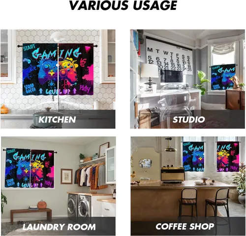 Vista 3 de Cortinas de cocina para videojuegos, mini 27.5 pulgadas de ancho x 39 pulgadas de largo, grafiti gamepad para jugadores, niños, adolescentes, tinta