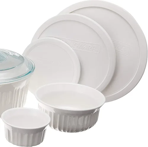 Vista 3 de CorningWare French White Juego de 10 Piezas de Utensilios de Cerámica para Hornear con Tapas de Gres Resistente a Astillas y Grietas, Apto
