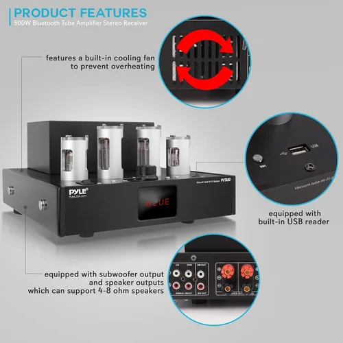 Vista 6 de Pyle Receptor Amplificador Bluetooth de Tubo - 500W Amplificador de Potencia de Tubo al Vacío Hi-Fi para Teatro en Casa Audio de Escritorio Estéreo