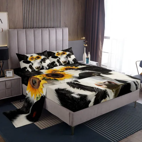 Vista 2 de Erosebridal Sábanas de cama con estampado de vaca, tamaño individual, juego de sábanas de girasol, juegos de sábanas y fundas de almohada con Multi