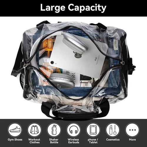Vista 4 de Bolsa de gimnasio transparente grande y resistente con compartimento para zapatos, bolsa deportiva transparente aprobada para estadios con correa