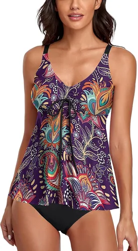 Vista 21 de Omichic Trajes de baño tankini para mujer, de dos piezas, blusa tipo tankini modesta con parte inferior de bikini Negro