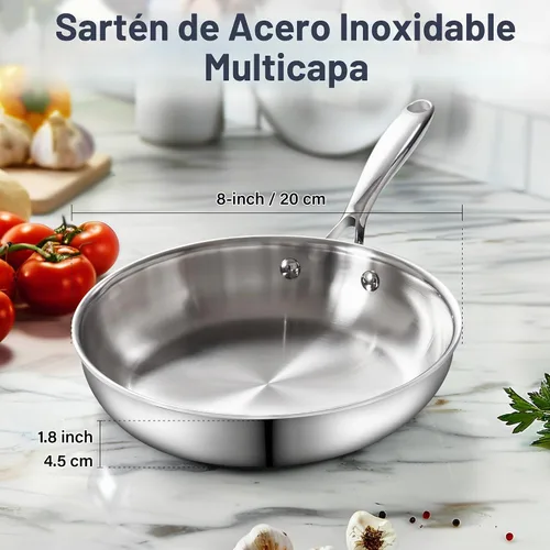 Vista 2 de Cooks Standard Sartén de Freír de Acero Inoxidable, Wok Sartén para Saltear Multicapa de 8 Pulgadas, Sartén de Cocina, Plateado