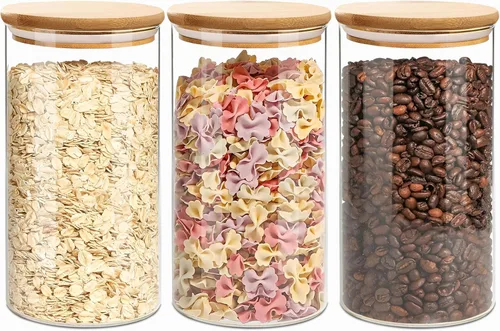 Vista 9 de Envases de almacenamiento de vidrio con tapas, tarro de almacenamiento de alimentos transparente con tapa de bambú sellada para fideos, harina