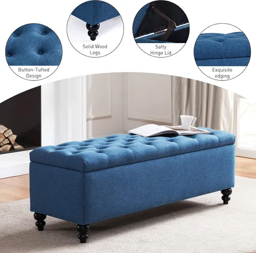 Vista 6 de HUIMO Otomana con almacenamiento, banco de tela tapizado azul de 51 pulgadas con diseño de extremo de cama con botones, capacidad de peso de 300