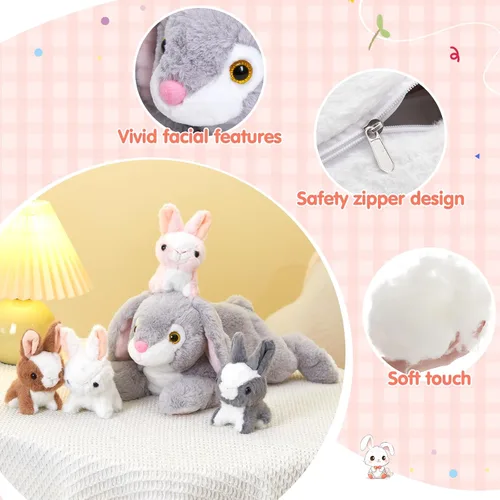 Vista 4 de WEWILL Conejito de peluche de 18 pulgadas, 5 piezas, juguete de peluche con 4 conejos bebés, regalos para cumpleaños y Pascua, color gris