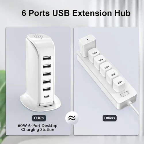 Vista 3 de Estación de carga para múltiples dispositivos Upoy, torre de hub USB multi con 5 USB+1 puertos tipo C, bloque de cargador USB C de carga rápida