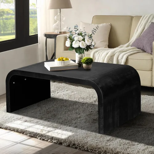 Vista 4 de Mesa de centro de madera para sala de estar, mesa de centro de artesanía vintage de granja, mesa de centro curvada de diseño Art Deco, mesas de té