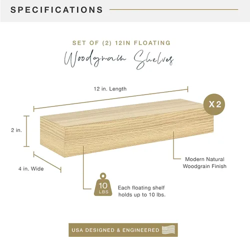 Vista 2 de MCS Estantes flotantes de grano de madera natural, 12 x 4 pulgadas, juego de 2, 12 x 4 pulgadas