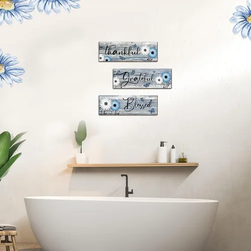 Vista 2 de Geetery 3 piezas de letreros de madera con texto «Thankful Grateful Blessed» con margaritas rústicas, decoración de pared de madera, letreros