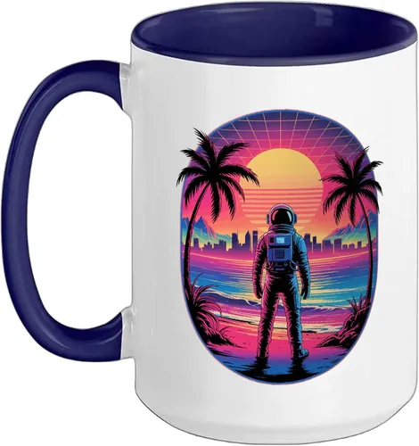 Vista 14 de Vaporwave Synthwave Astronaut Spaceman Science Space Ceramic Mug, Black/White, 11oz