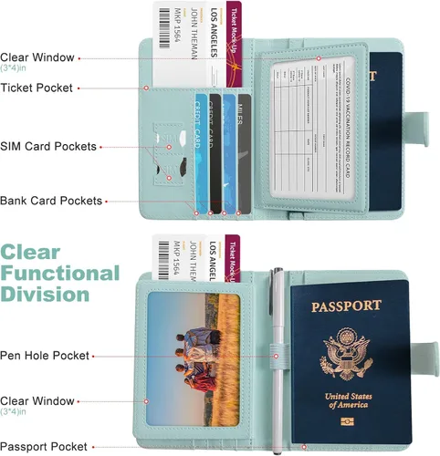 Vista 2 de Foreate Cartera para pasaporte con cremallera, cartera de viaje con ventana de identificación, funda de pasaporte, tarjetero con bloqueo RFID, Verde