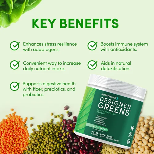 Vista 3 de Designer Wellness, Designer Greens Superfood en polvo con prebióticos, probióticos, antioxidantes y soporte para la desintoxicación, 30 porciones