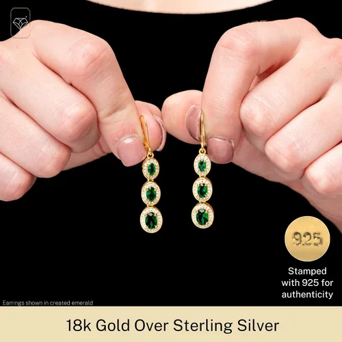 Vista 2 de 925 Sterling Silver with 18k Gold Overlay Oval Dangle Drop Earrings For Women with Simulated Emerald, Ruby, or Sapphire Graduated with Leverback by