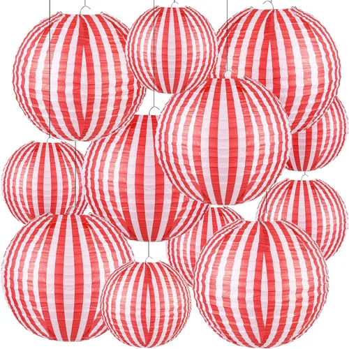 Vista 8 de Hortsun 12 Pcs Carnival Circus Decorations Red and Blue Striped Paper Lanterns Chinese Hanging Paper Lanterns for Carnival Circus Wedding Birthday