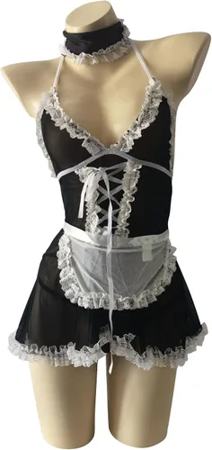Vista 4 de Sexy French Maid Lingerie for Naughty Sex Play Lace Trim See-Through Mesh Babydoll Chemise Maid Nurse Cosplay Apron Outfits