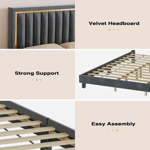 Vista 6 de Cama de plataforma tapizada de terciopelo tamaño Queen con diseño de ribete dorado, diseño sin ruido, base resistente con listones de madera, no Gris