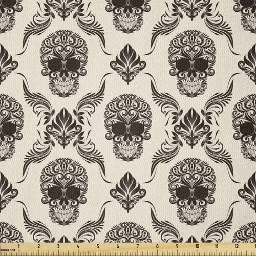 Vista 42 de Ambesonne The Yard, tela de calavera colorida con temática de Halloween, diseño de calavera y huesos cruzados, divertido estampado de dibujos